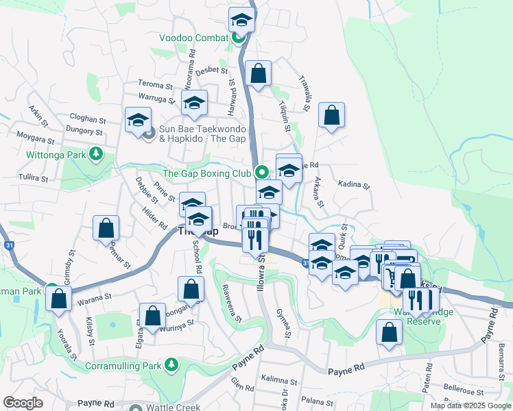 map of restaurants, bars, coffee shops, grocery stores, and more near 42 Settlement Road in The Gap