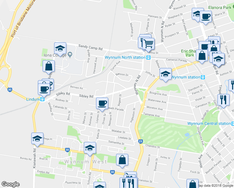 map of restaurants, bars, coffee shops, grocery stores, and more near 80 Sibley Road in Wynnum West