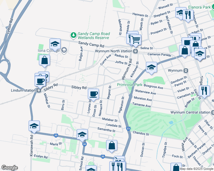 map of restaurants, bars, coffee shops, grocery stores, and more near 80 Sibley Road in Wynnum West