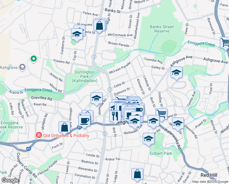 map of restaurants, bars, coffee shops, grocery stores, and more near 51 Dalmore Street in Ashgrove