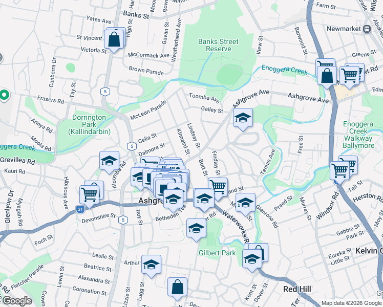 map of restaurants, bars, coffee shops, grocery stores, and more near 3 Kinnaird Street in Ashgrove