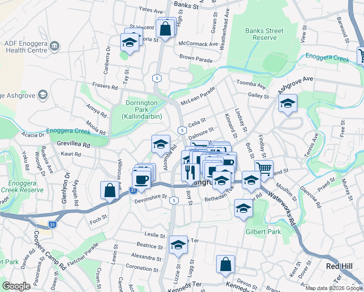 map of restaurants, bars, coffee shops, grocery stores, and more near 35 Aloomba Road in Ashgrove