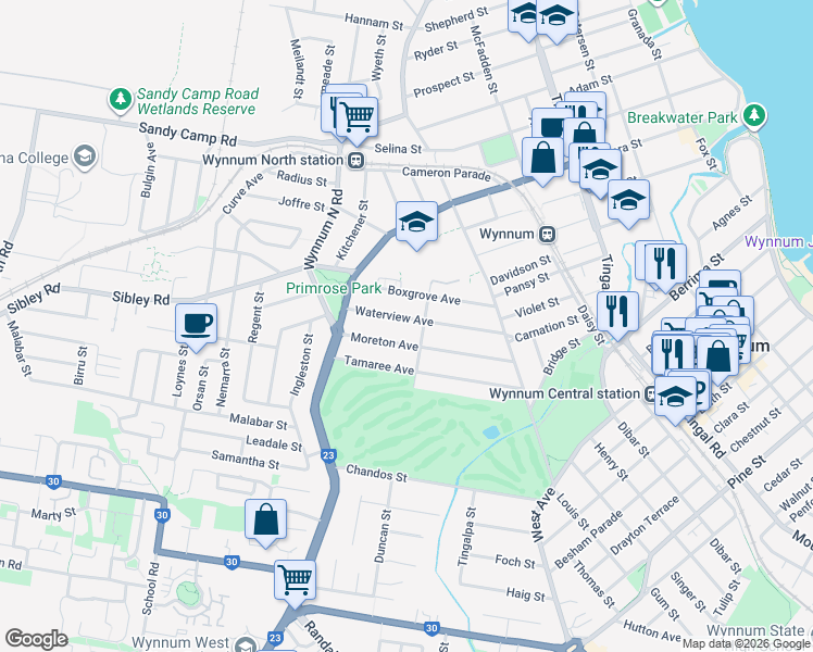 map of restaurants, bars, coffee shops, grocery stores, and more near 74 Waterview Avenue in Wynnum