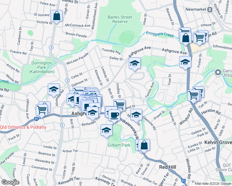 map of restaurants, bars, coffee shops, grocery stores, and more near 12 Findlay Street in Ashgrove