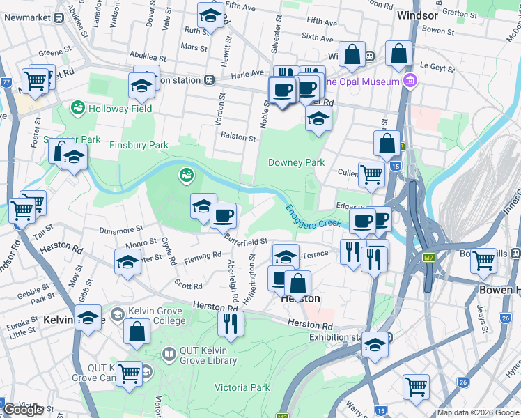 map of restaurants, bars, coffee shops, grocery stores, and more near 59 Gould Road in Herston