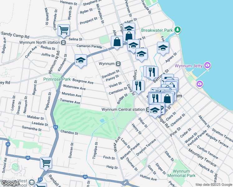 map of restaurants, bars, coffee shops, grocery stores, and more near 21 Sunflower Street in Wynnum