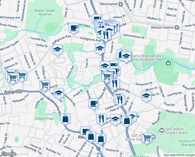 map of restaurants, bars, coffee shops, grocery stores, and more near 360 Kelvin Grove Road in Kelvin Grove
