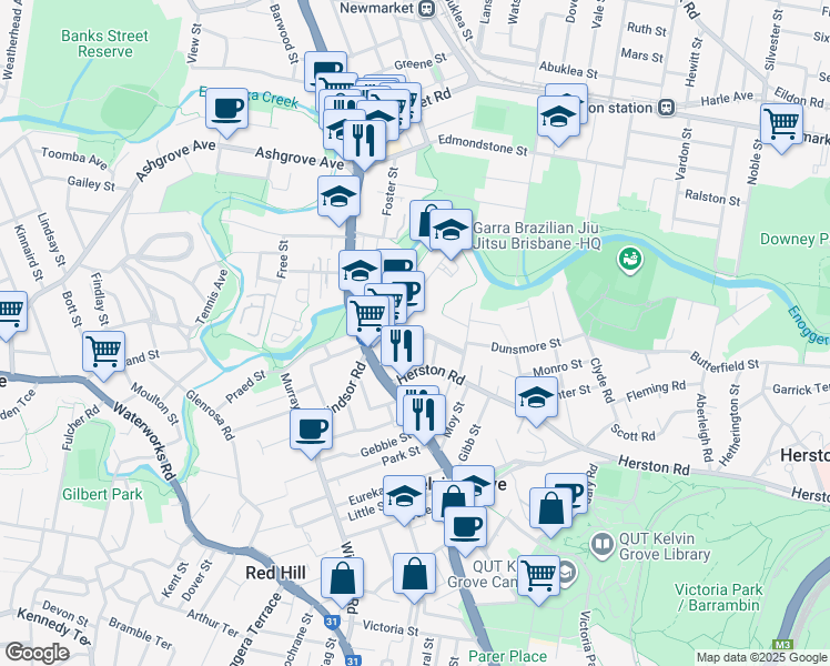 map of restaurants, bars, coffee shops, grocery stores, and more near 30 Tait Street in Kelvin Grove