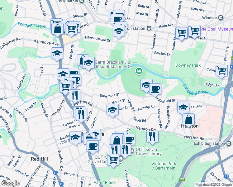 map of restaurants, bars, coffee shops, grocery stores, and more near 19 Dunsmore Street in Kelvin Grove