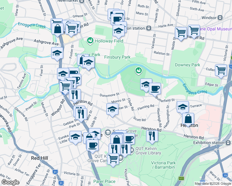 map of restaurants, bars, coffee shops, grocery stores, and more near 19 Dunsmore Street in Kelvin Grove