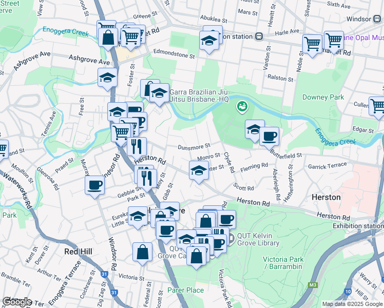 map of restaurants, bars, coffee shops, grocery stores, and more near 29 Ballymore Street in Kelvin Grove