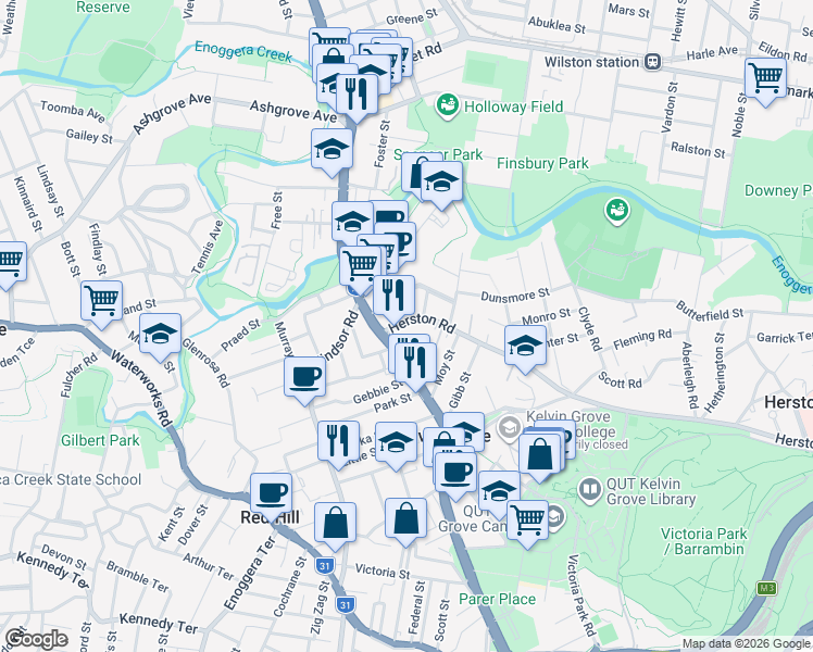 map of restaurants, bars, coffee shops, grocery stores, and more near 19 Herston Road in Kelvin Grove