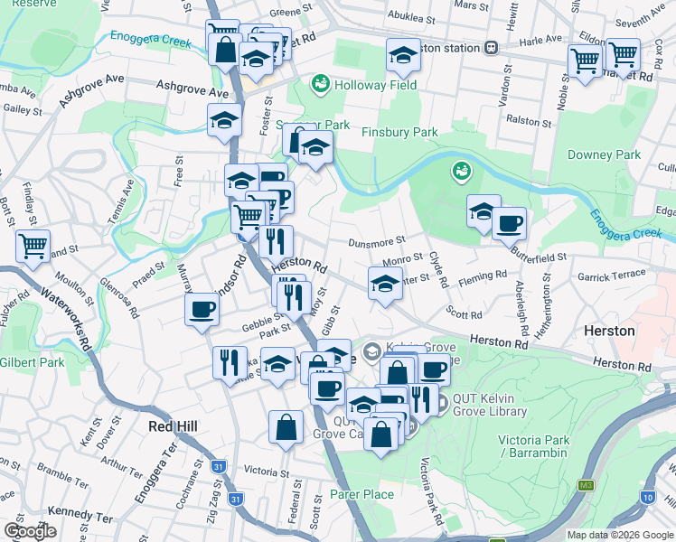 map of restaurants, bars, coffee shops, grocery stores, and more near 60 Herston Road in Kelvin Grove