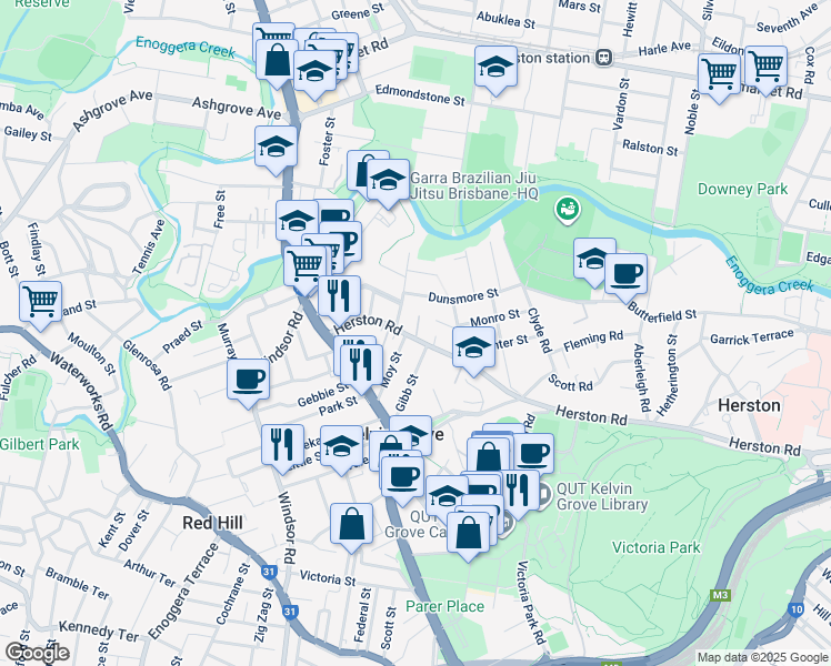 map of restaurants, bars, coffee shops, grocery stores, and more near 60 Herston Road in Kelvin Grove
