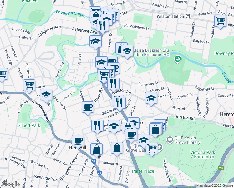 map of restaurants, bars, coffee shops, grocery stores, and more near 21 Herston Road in Kelvin Grove