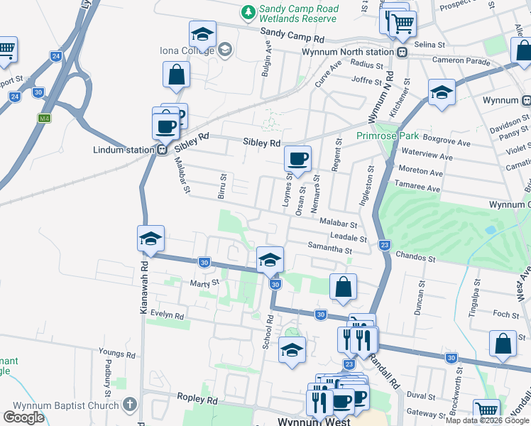map of restaurants, bars, coffee shops, grocery stores, and more near 95 Malabar Street in Wynnum West