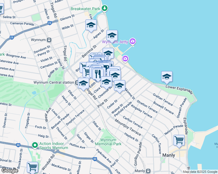 map of restaurants, bars, coffee shops, grocery stores, and more near 77 Chestnut Street in Wynnum