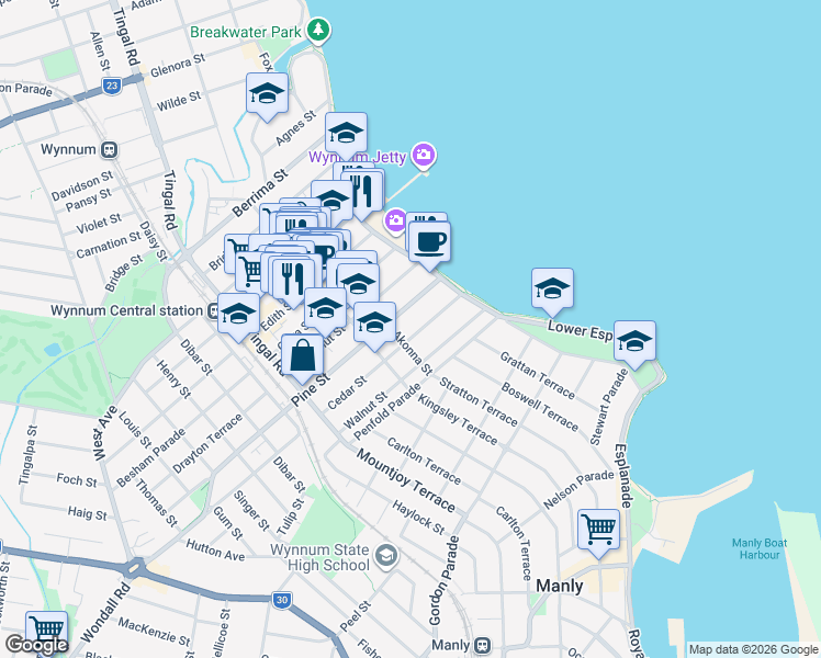 map of restaurants, bars, coffee shops, grocery stores, and more near 41 Cedar Street in Wynnum