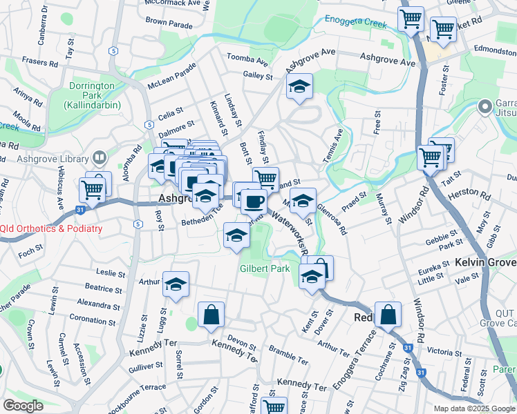 map of restaurants, bars, coffee shops, grocery stores, and more near 162 Waterworks Road in Ashgrove