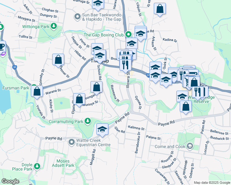 map of restaurants, bars, coffee shops, grocery stores, and more near 39 Riaweena Street in The Gap