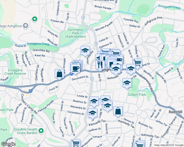 map of restaurants, bars, coffee shops, grocery stores, and more near 2 Jubilee Terrace in Ashgrove