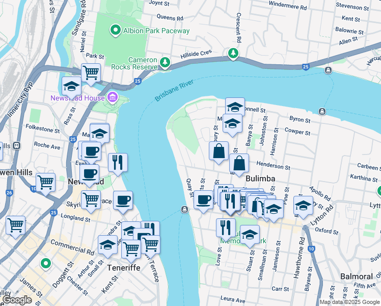 map of restaurants, bars, coffee shops, grocery stores, and more near 25 Bulimba Parade in Bulimba