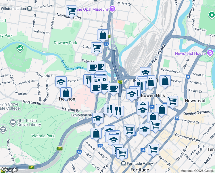 map of restaurants, bars, coffee shops, grocery stores, and more near 141 Campbell Street in Bowen Hills