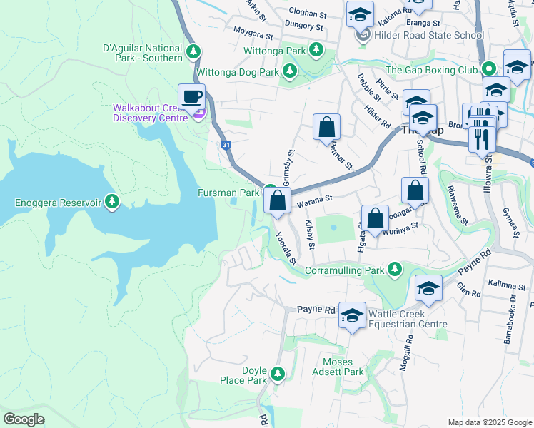 map of restaurants, bars, coffee shops, grocery stores, and more near 1348 Waterworks Road in Enoggera Reservoir