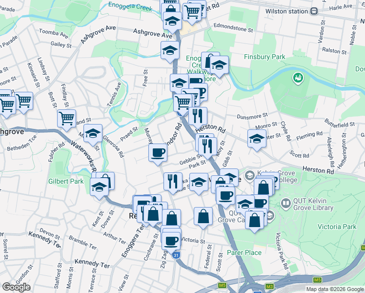 map of restaurants, bars, coffee shops, grocery stores, and more near 26 Guildford Street in Kelvin Grove