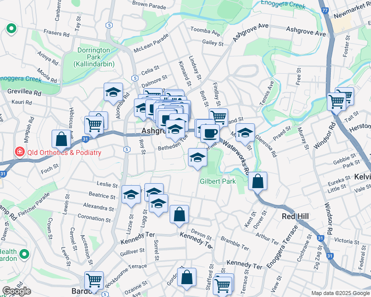 map of restaurants, bars, coffee shops, grocery stores, and more near 40 Nathan Avenue in Ashgrove