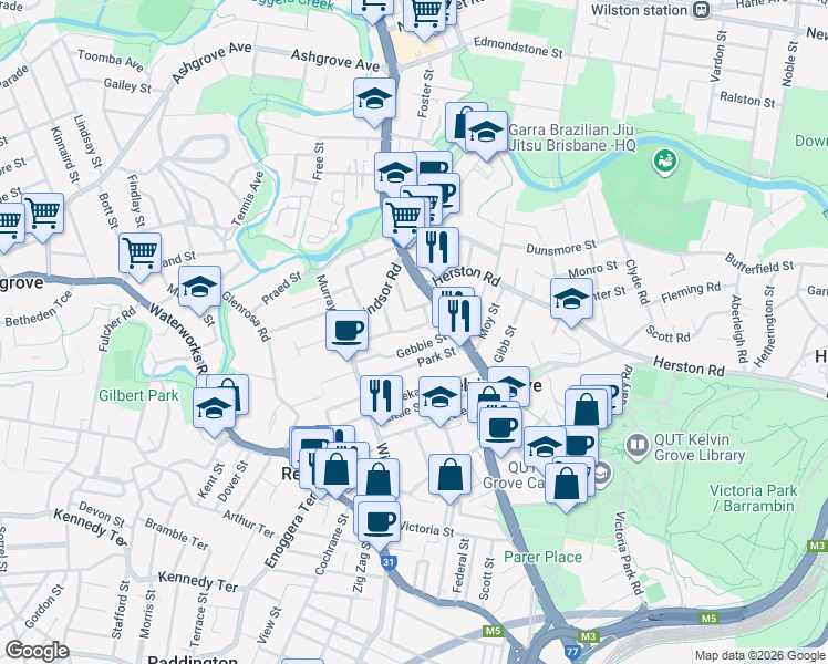 map of restaurants, bars, coffee shops, grocery stores, and more near 28 McCullough Street in Kelvin Grove