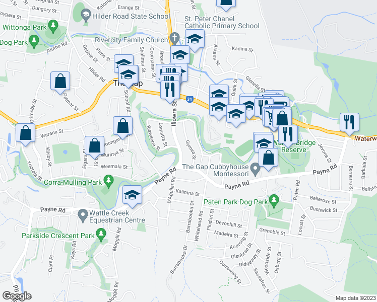 map of restaurants, bars, coffee shops, grocery stores, and more near 22 Gymea Street in The Gap