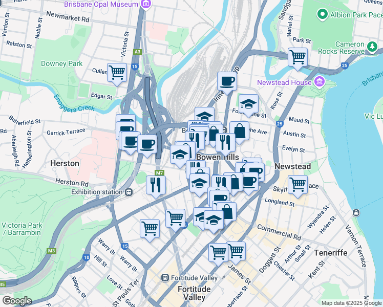 map of restaurants, bars, coffee shops, grocery stores, and more near in Bowen Hills