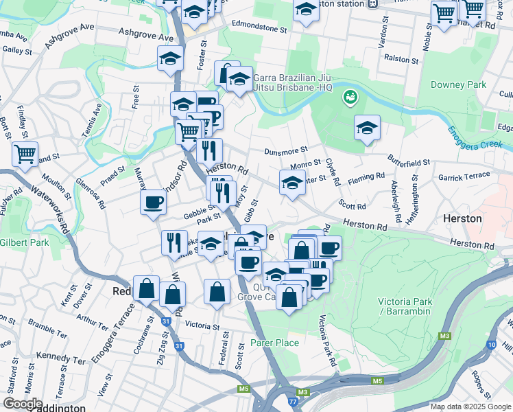 map of restaurants, bars, coffee shops, grocery stores, and more near 33 Gibb Street in Kelvin Grove