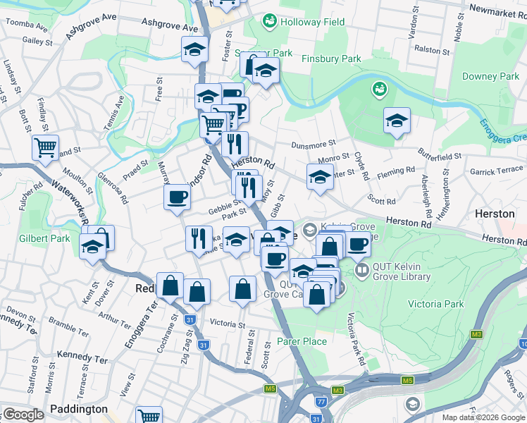 map of restaurants, bars, coffee shops, grocery stores, and more near 243 Kelvin Grove Road in Kelvin Grove