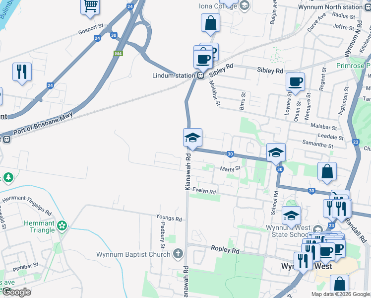 map of restaurants, bars, coffee shops, grocery stores, and more near 99 Kianawah Road in Wynnum West