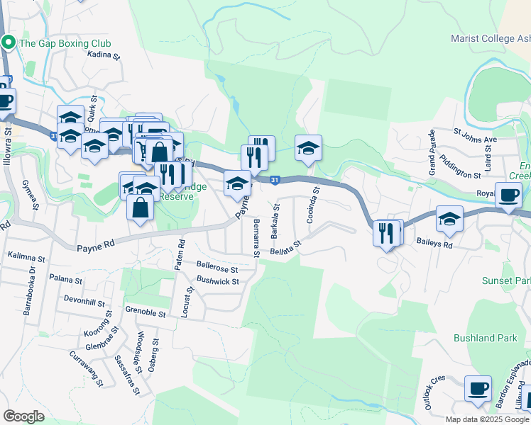 map of restaurants, bars, coffee shops, grocery stores, and more near 10 Bernarra Street in The Gap