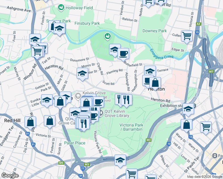map of restaurants, bars, coffee shops, grocery stores, and more near 190 Herston Road in Herston