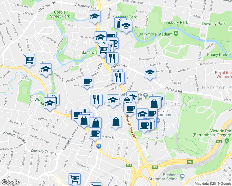 map of restaurants, bars, coffee shops, grocery stores, and more near 60 Eureka Street in Kelvin Grove