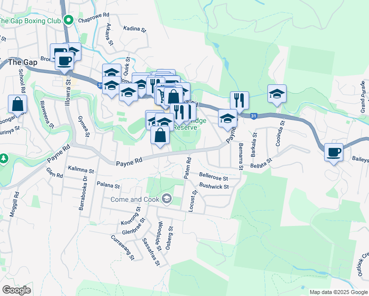 map of restaurants, bars, coffee shops, grocery stores, and more near 139 Payne Road in The Gap