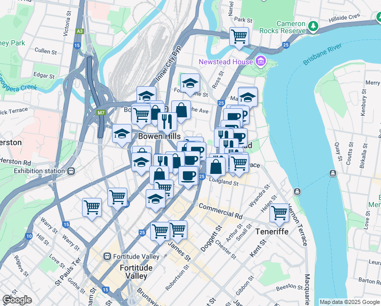 map of restaurants, bars, coffee shops, grocery stores, and more near 25 Montpelier Road in Bowen Hills