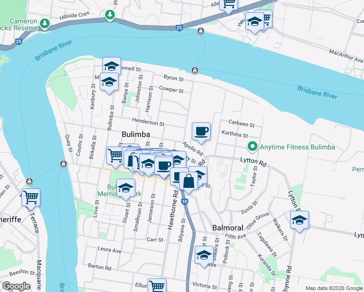 map of restaurants, bars, coffee shops, grocery stores, and more near 42 Apollo Road in Bulimba