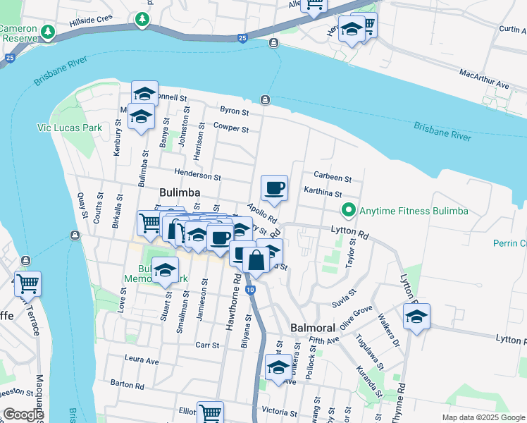 map of restaurants, bars, coffee shops, grocery stores, and more near 25 Apollo Road in Bulimba
