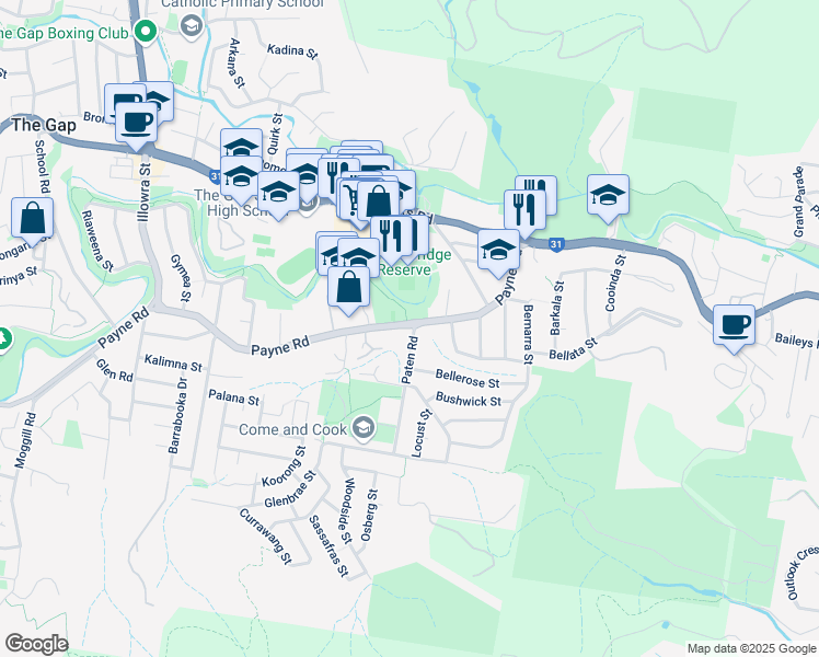 map of restaurants, bars, coffee shops, grocery stores, and more near 118 Payne Road in The Gap