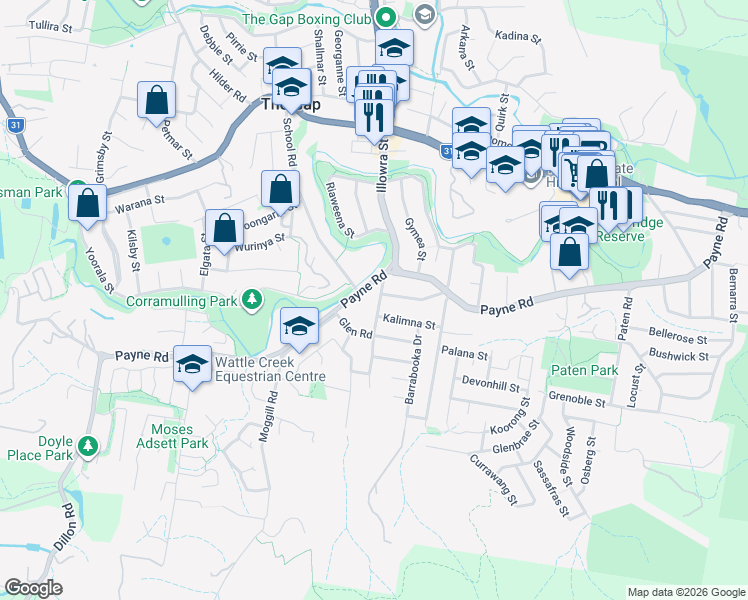 map of restaurants, bars, coffee shops, grocery stores, and more near 15 D'Aguilar Road in The Gap