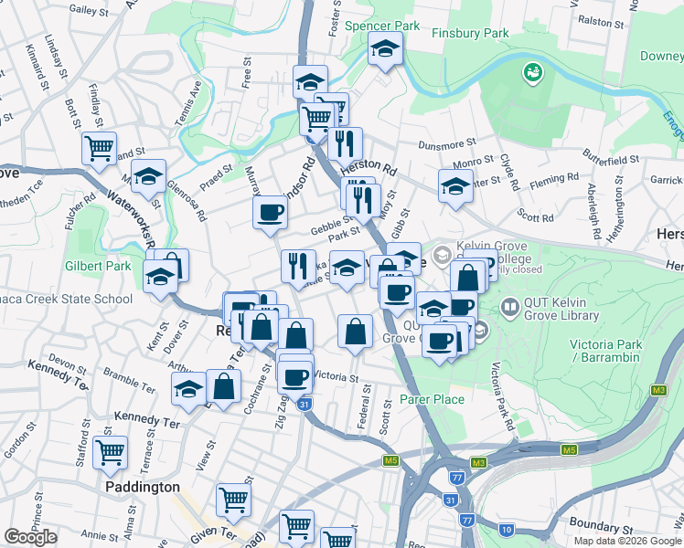 map of restaurants, bars, coffee shops, grocery stores, and more near 36 Glen Street in Kelvin Grove