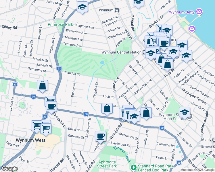 map of restaurants, bars, coffee shops, grocery stores, and more near 19 McCurley Street in Wynnum West