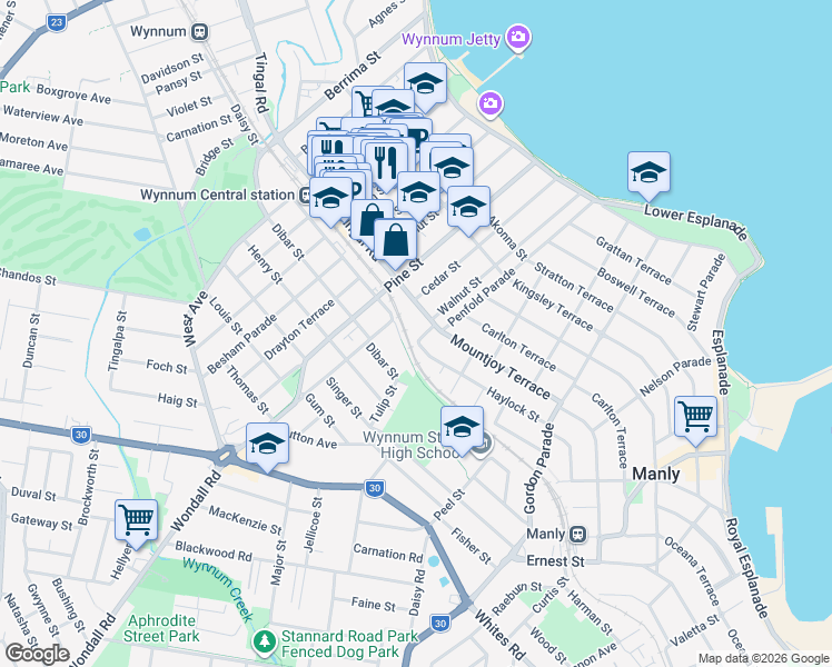 map of restaurants, bars, coffee shops, grocery stores, and more near 15 Heymer Street in Wynnum