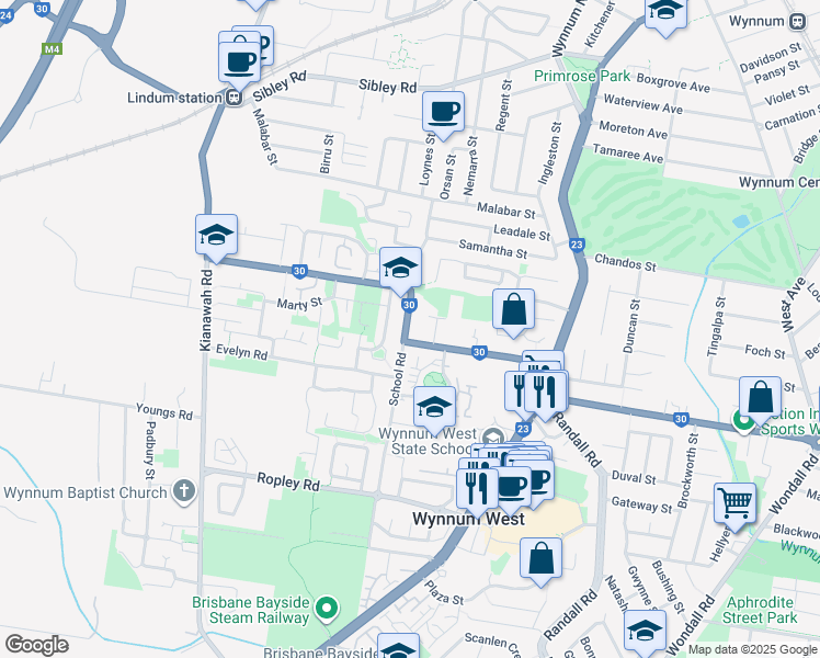 map of restaurants, bars, coffee shops, grocery stores, and more near 34 School Road in Wynnum West