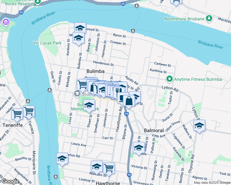 map of restaurants, bars, coffee shops, grocery stores, and more near 16 Riddell Street in Bulimba